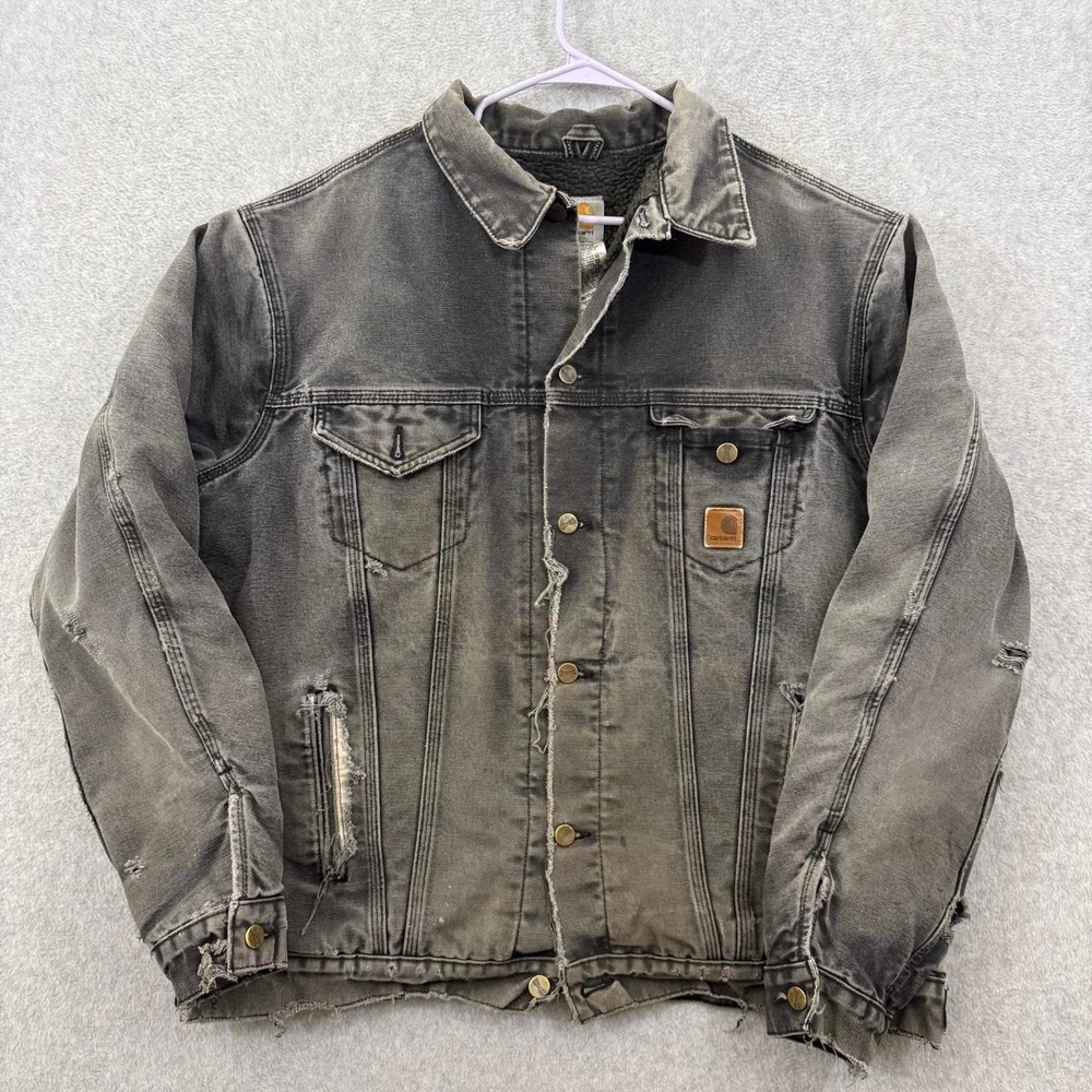 Carhartt Men's J233 BLK Black Sherpa Lined Distressed Duck Trucker Jacket XL